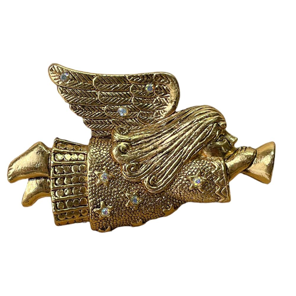 1990s Textured Gold Plate AB White Rhinestone Trumpeting Angel Christmas Brooch